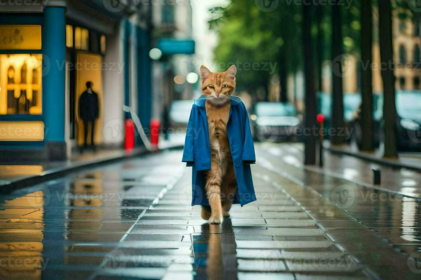 a cat in a blue coat walking down a street. AI-Generated photo