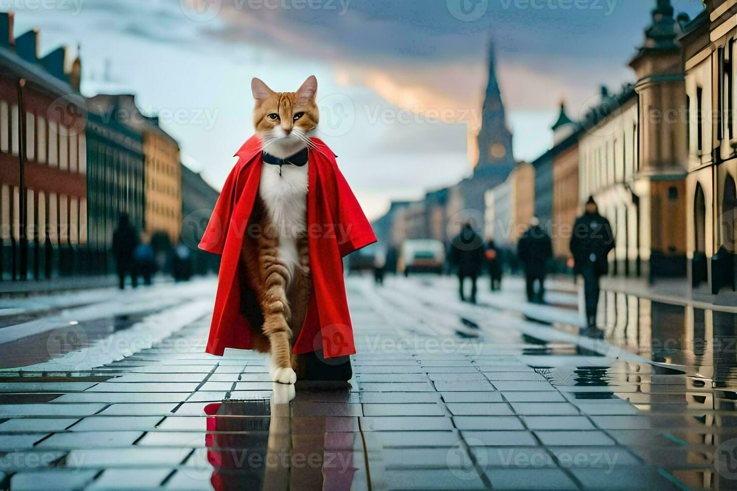 a cat in a red coat walking down a street. AI-Generated photo