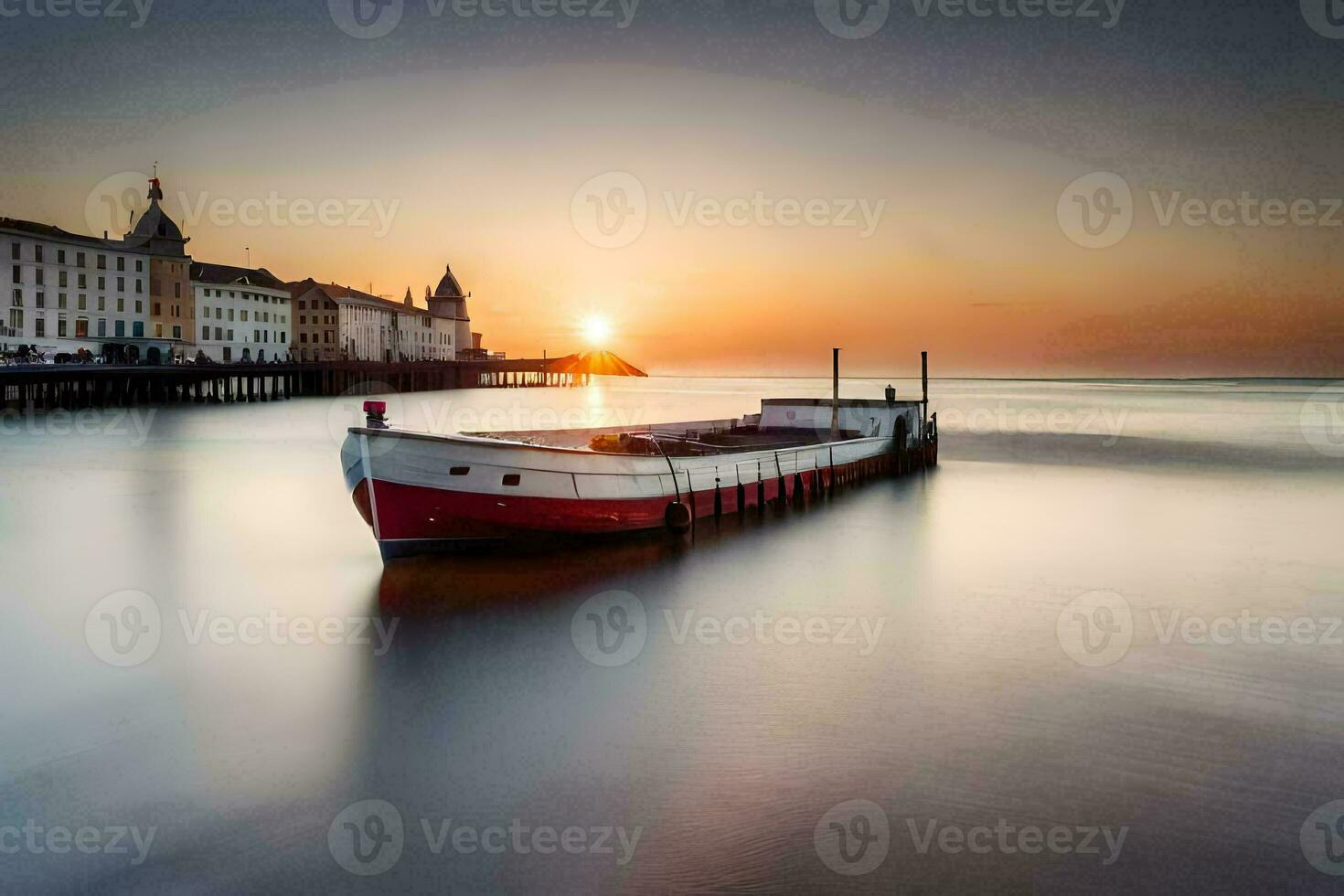 a boat sits in the water at sunset. AI-Generated photo