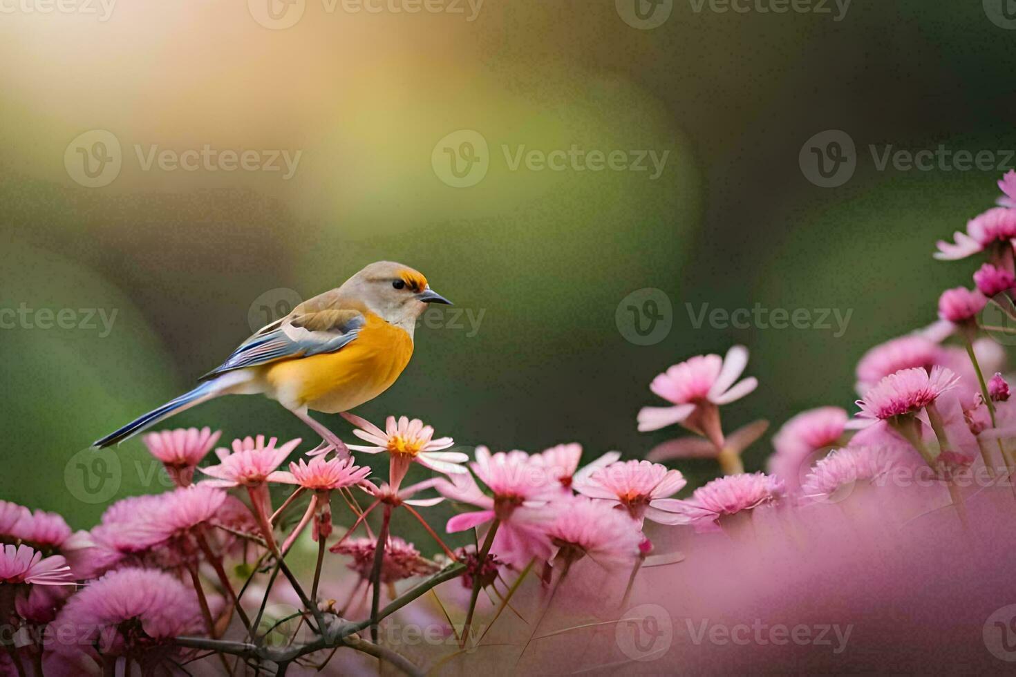 a bird is perched on some pink flowers. AI-Generated photo