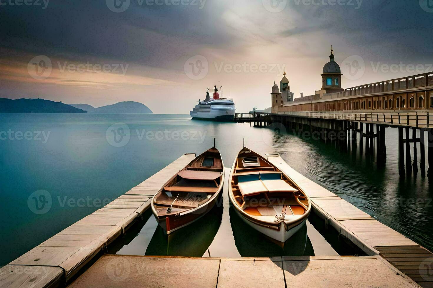 two boats docked at the pier with a cruise ship in the background. AI-Generated photo