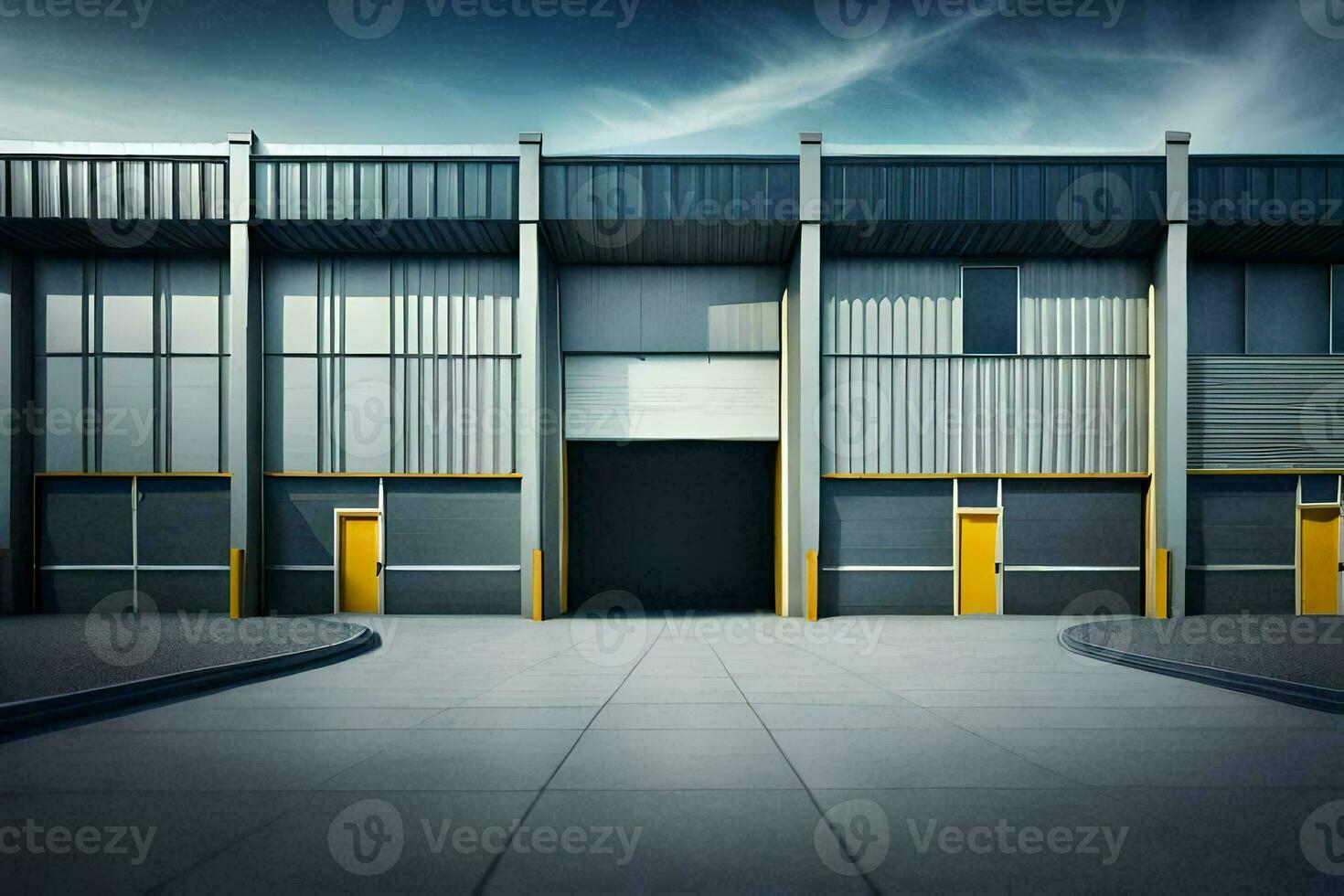 a large warehouse with two doors and yellow doors. AI-Generated photo