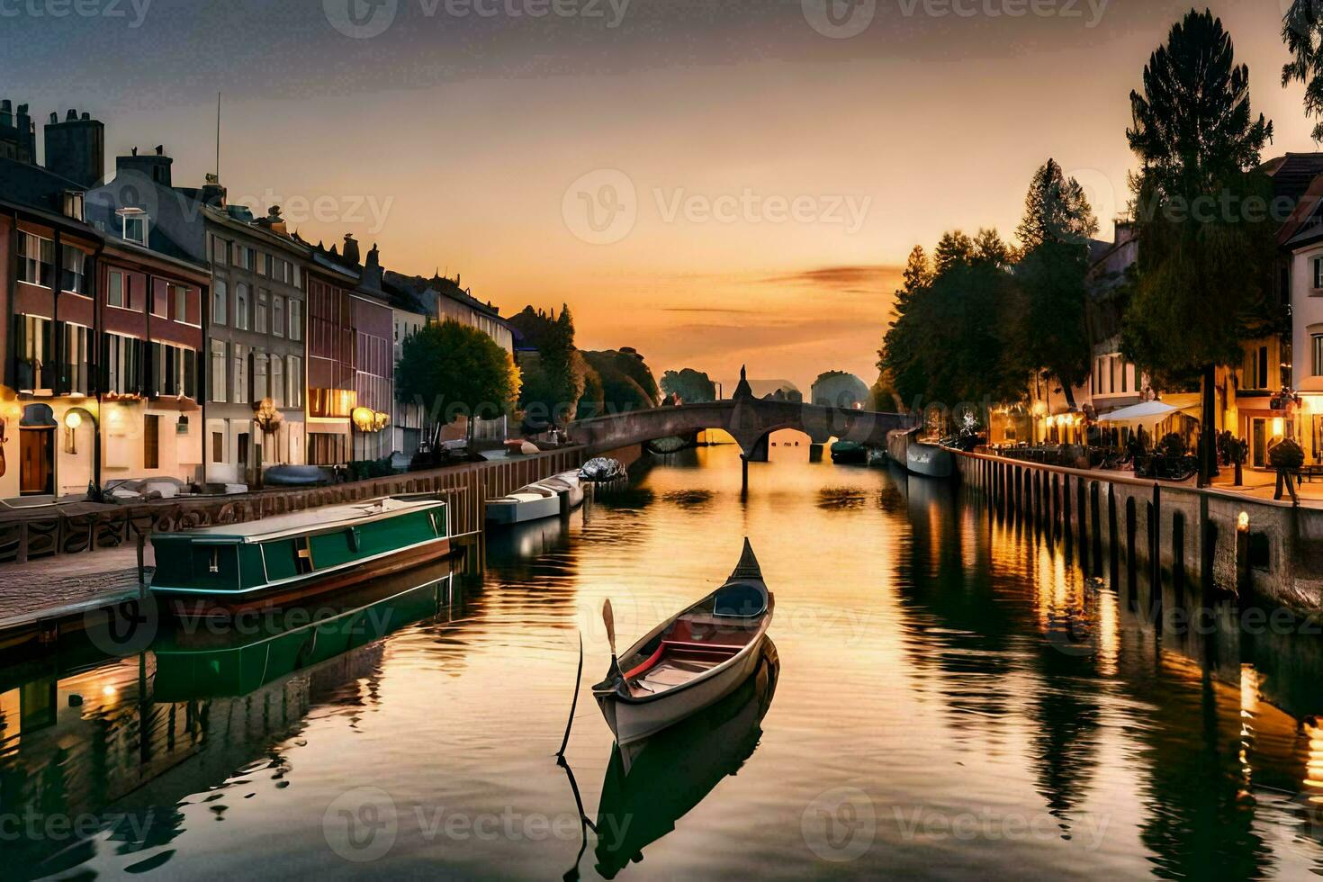 un barco es atracado en un canal a puesta de sol. generado por ai foto