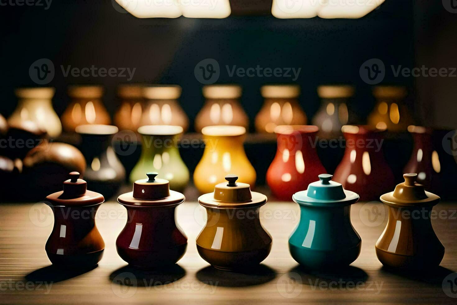 a row of colorful vases on a table. AI-Generated photo