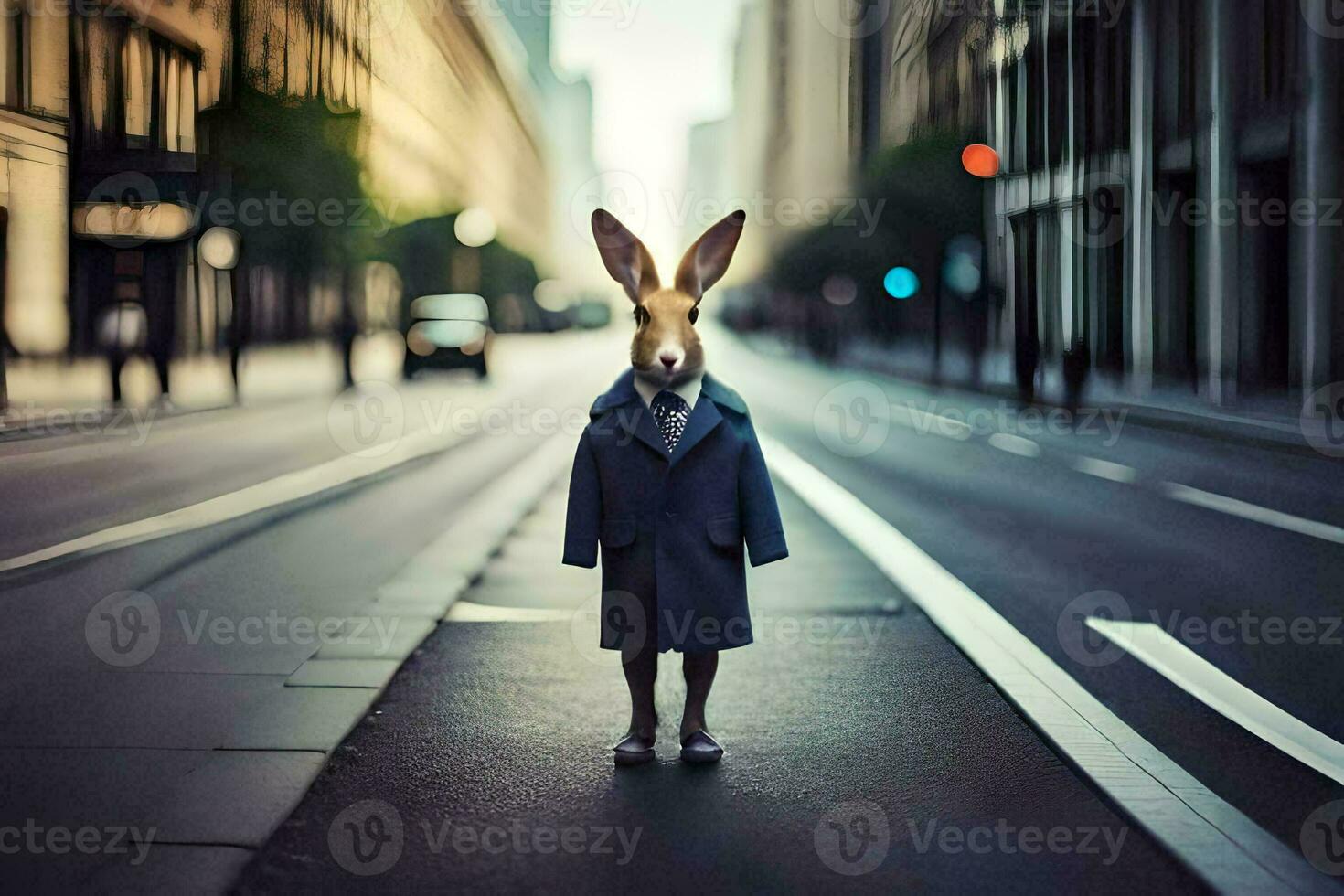 a rabbit in a suit and tie standing on the street. AI-Generated photo