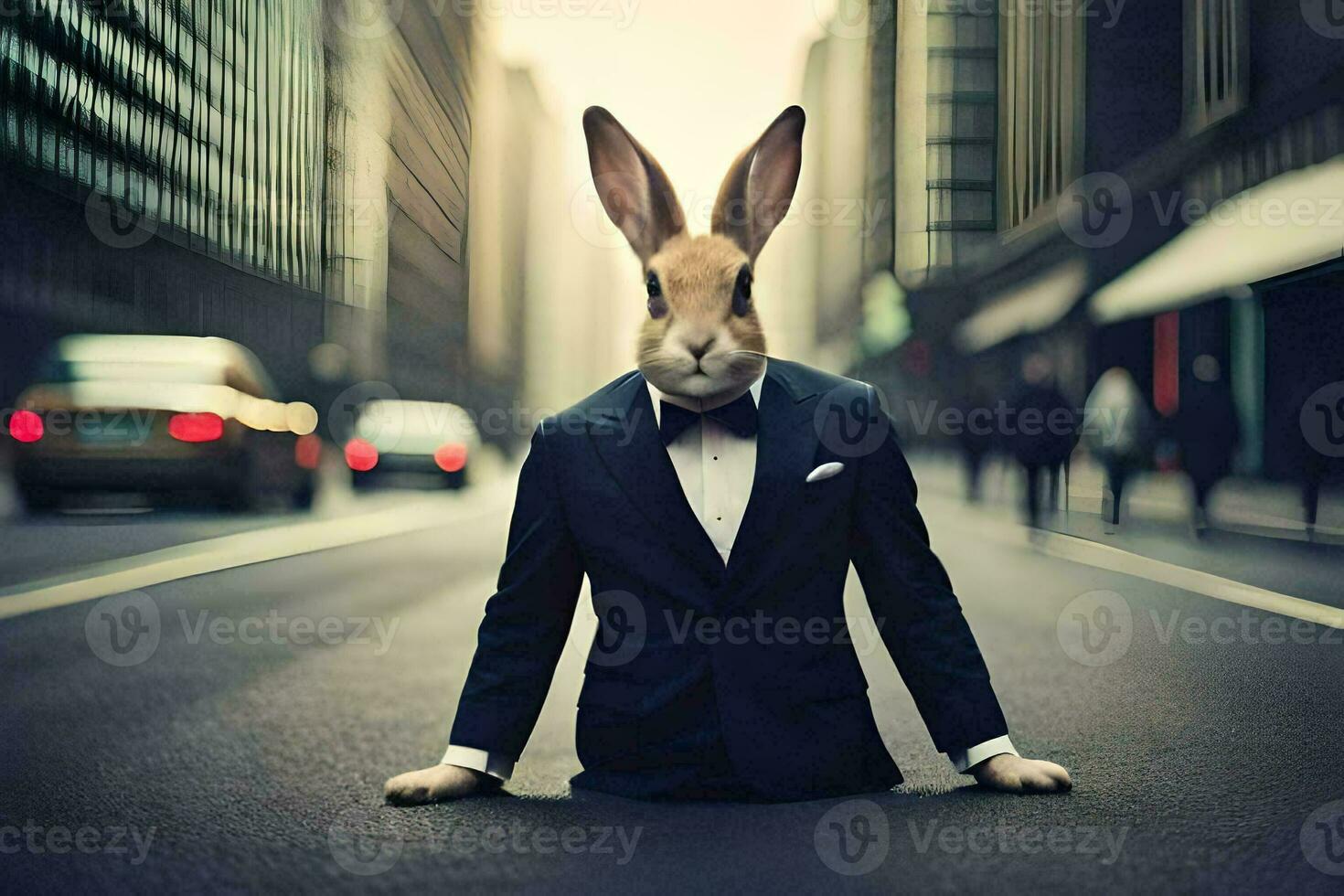 a rabbit wearing a suit and tie on the street. AI-Generated photo