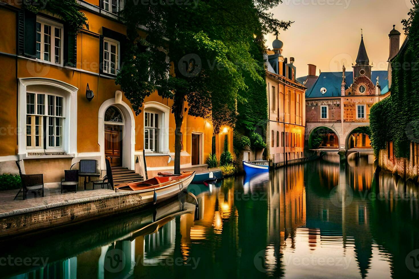 un canal en un ciudad con edificios y barcos generado por ai foto