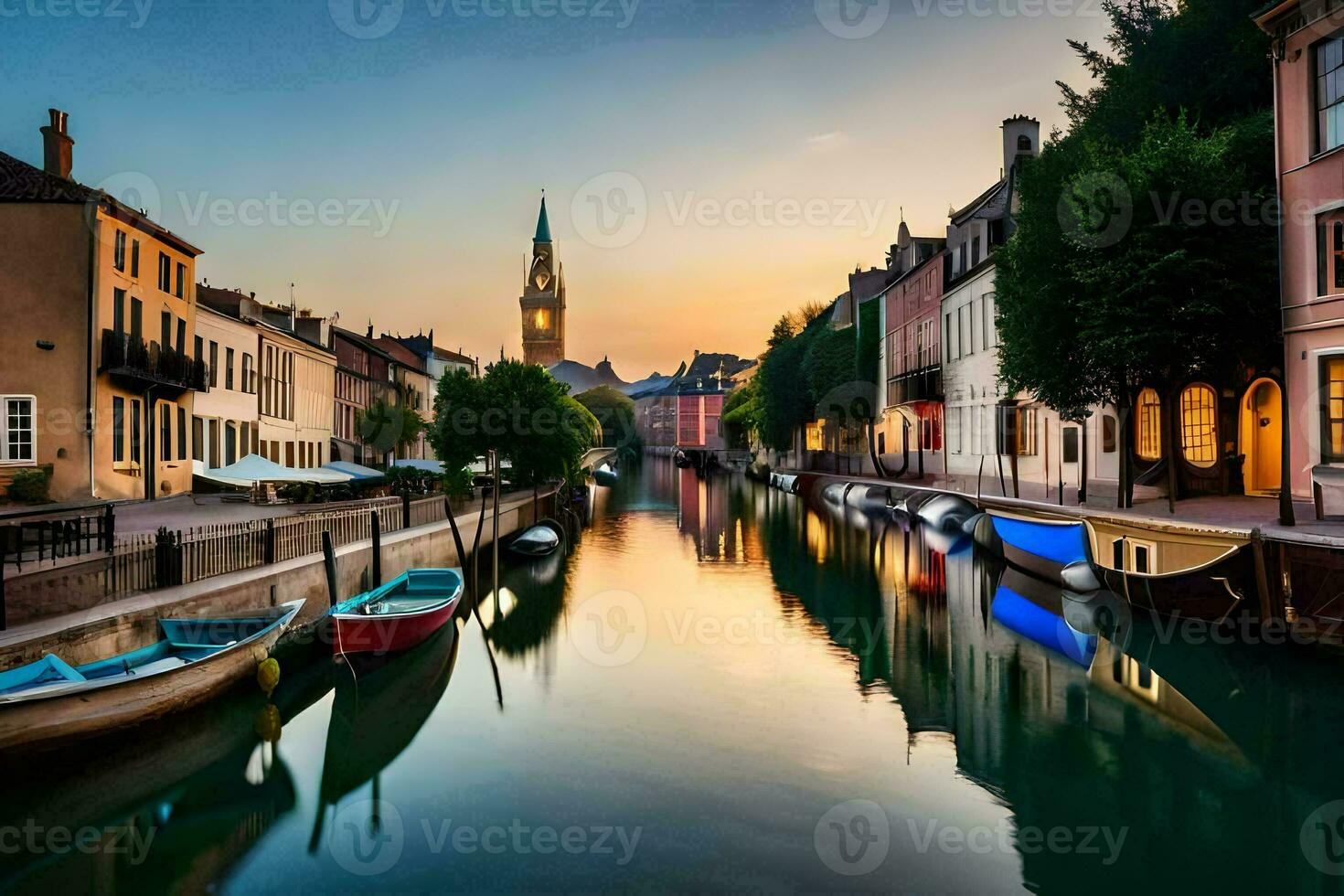 boats are docked along a canal in a city. AI-Generated photo