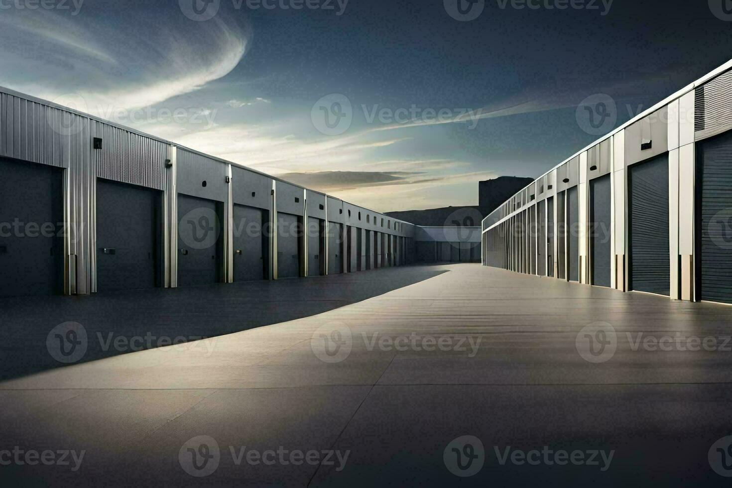 a long row of storage units with a sky background. AI-Generated photo