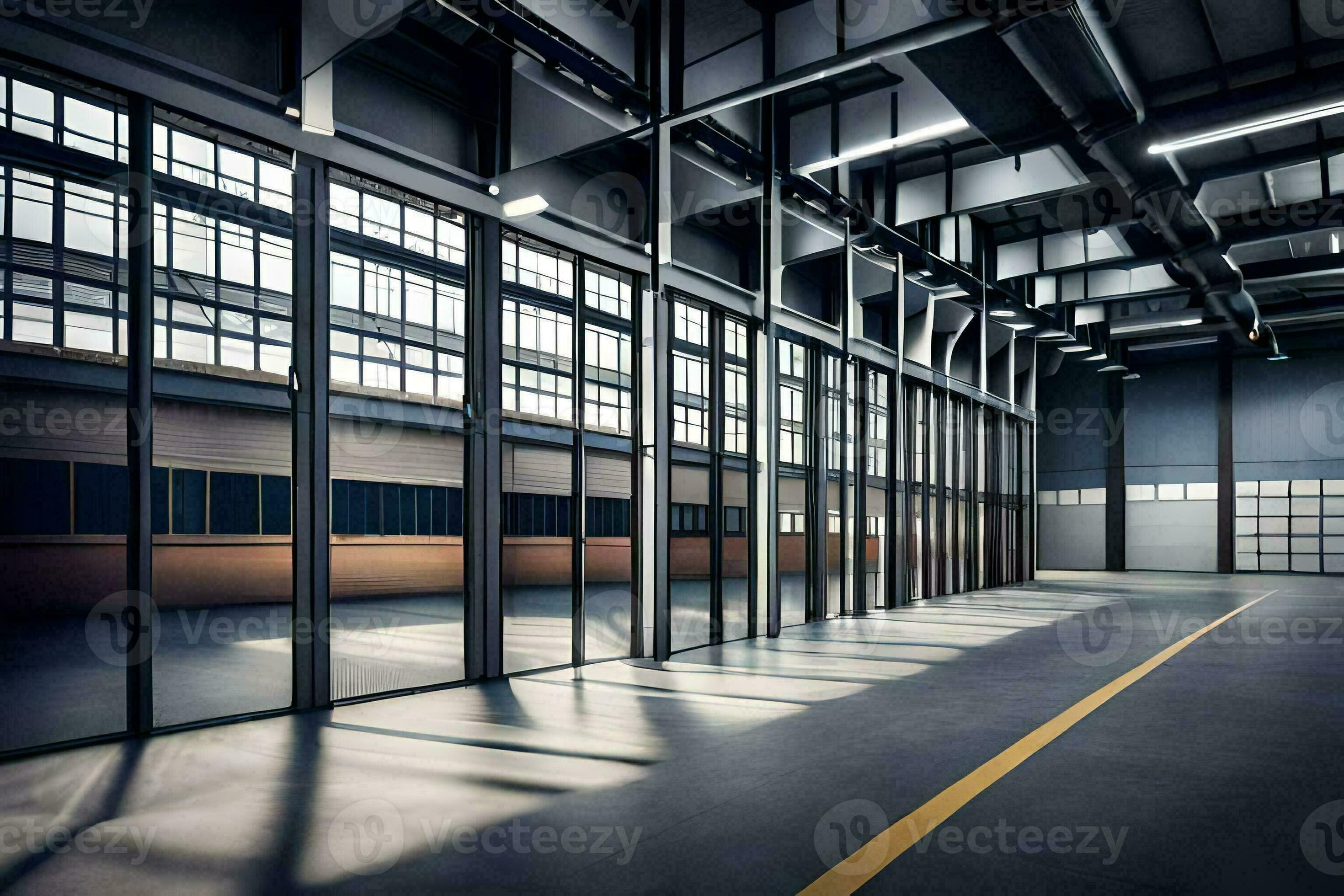 an empty warehouse with large windows and a large door. AI-Generated