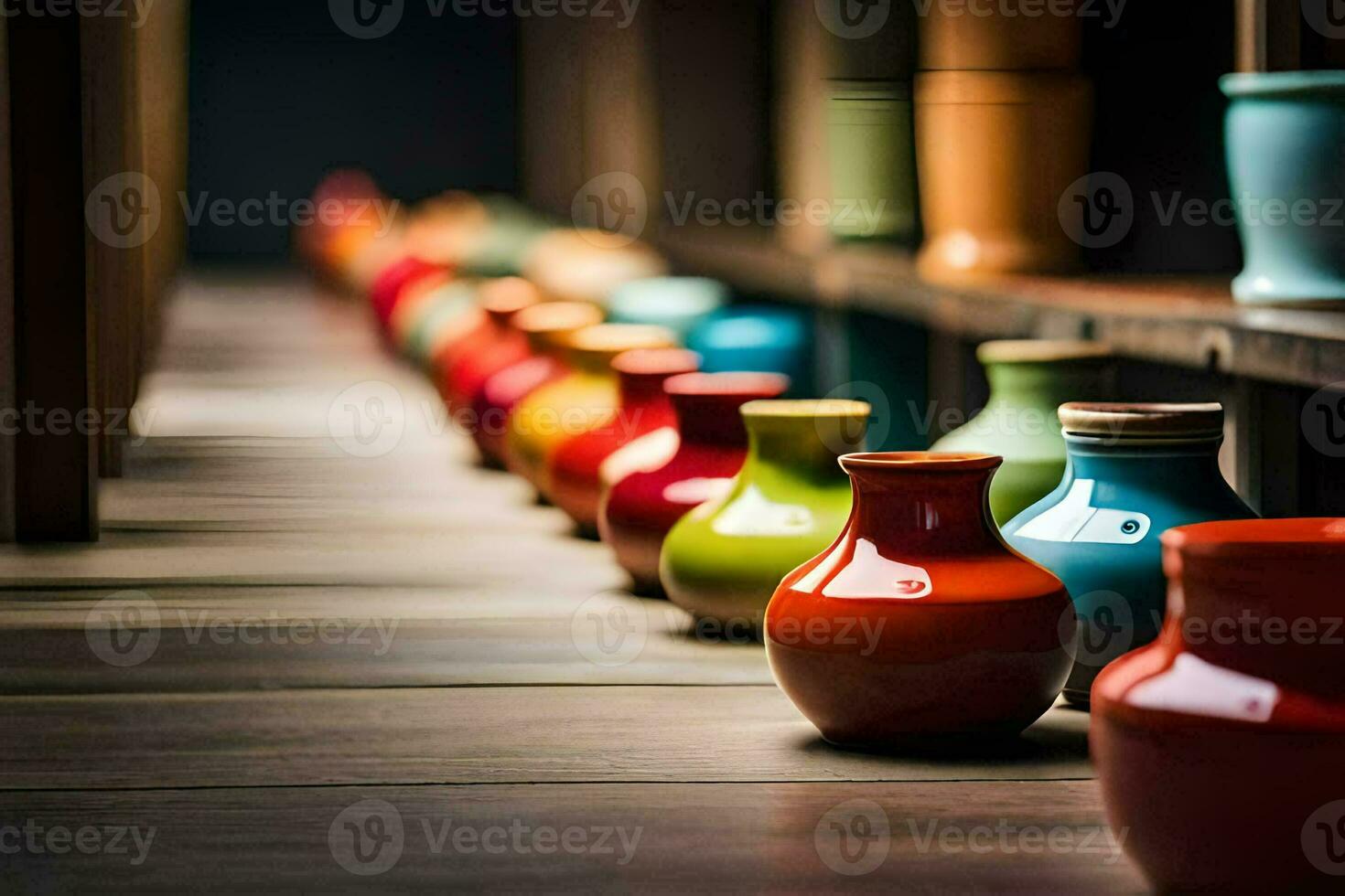 colorful vases lined up on a wooden shelf. AI-Generated photo