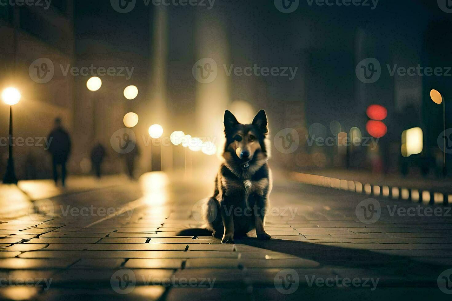 a dog sitting on the street at night. AI-Generated photo