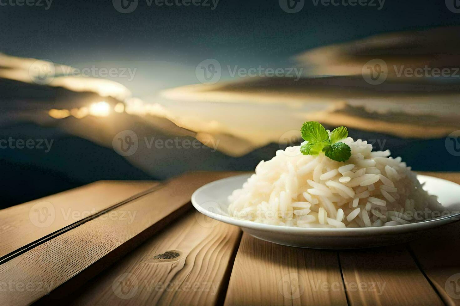 a plate of rice with mint leaves on top of a wooden table. AI-Generated photo