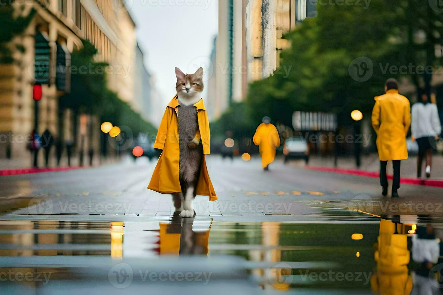 a cat in a yellow raincoat walking down a street. AI-Generated photo