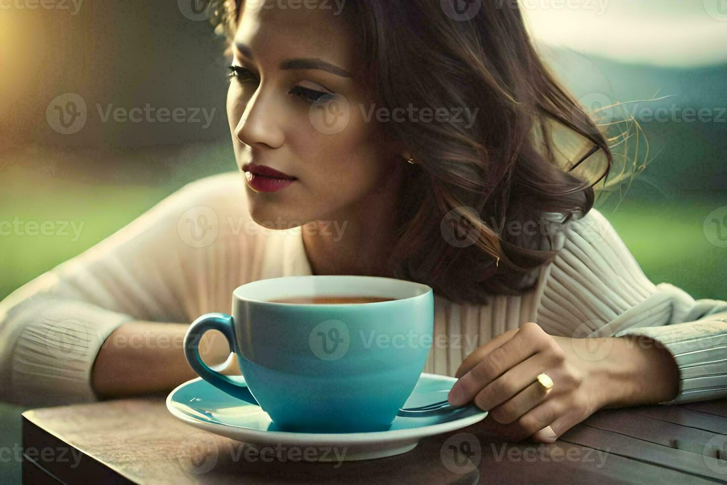 un mujer es sentado a un mesa con un taza de té. generado por ai foto