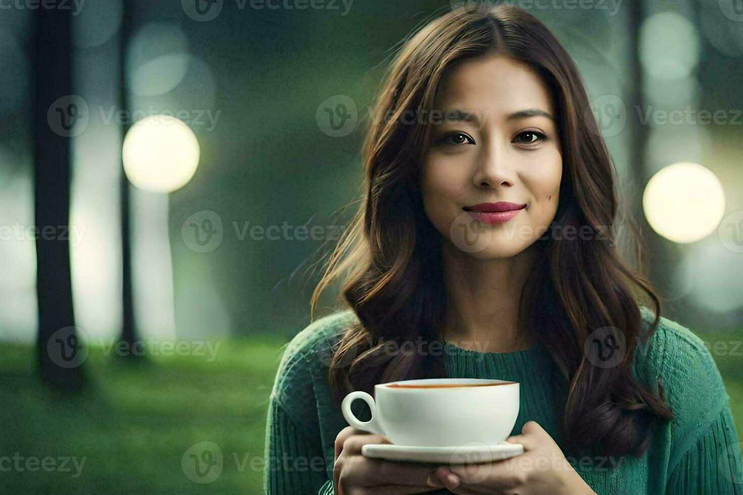 asian woman holding a cup of coffee. AI-Generated photo