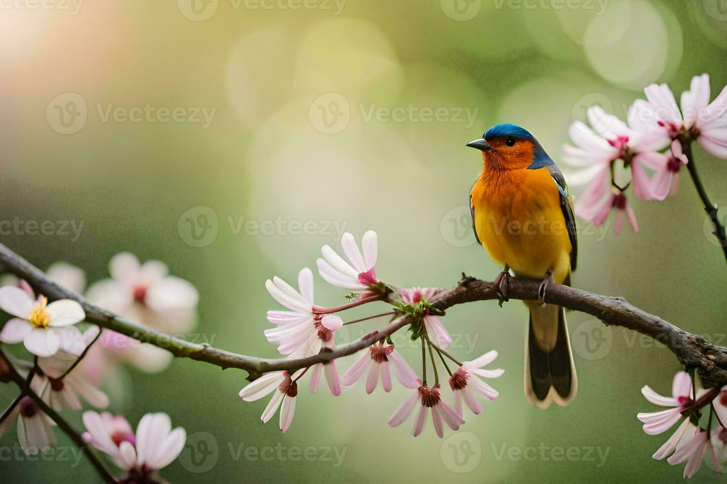 a colorful bird sits on a branch with pink flowers. AI-Generated photo