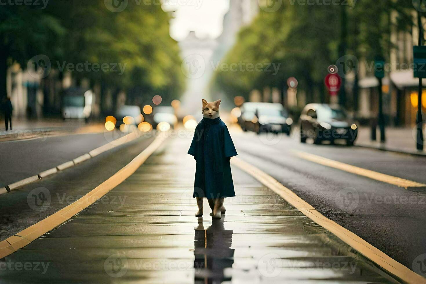 a dog walking down a street in the rain. AI-Generated photo