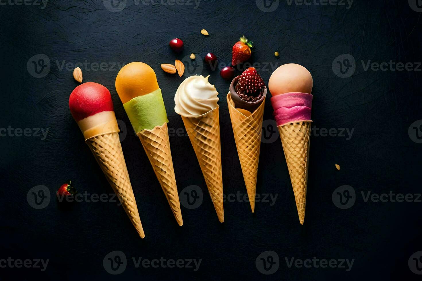 five ice cream cones with different flavors on a black background. AI-Generated photo