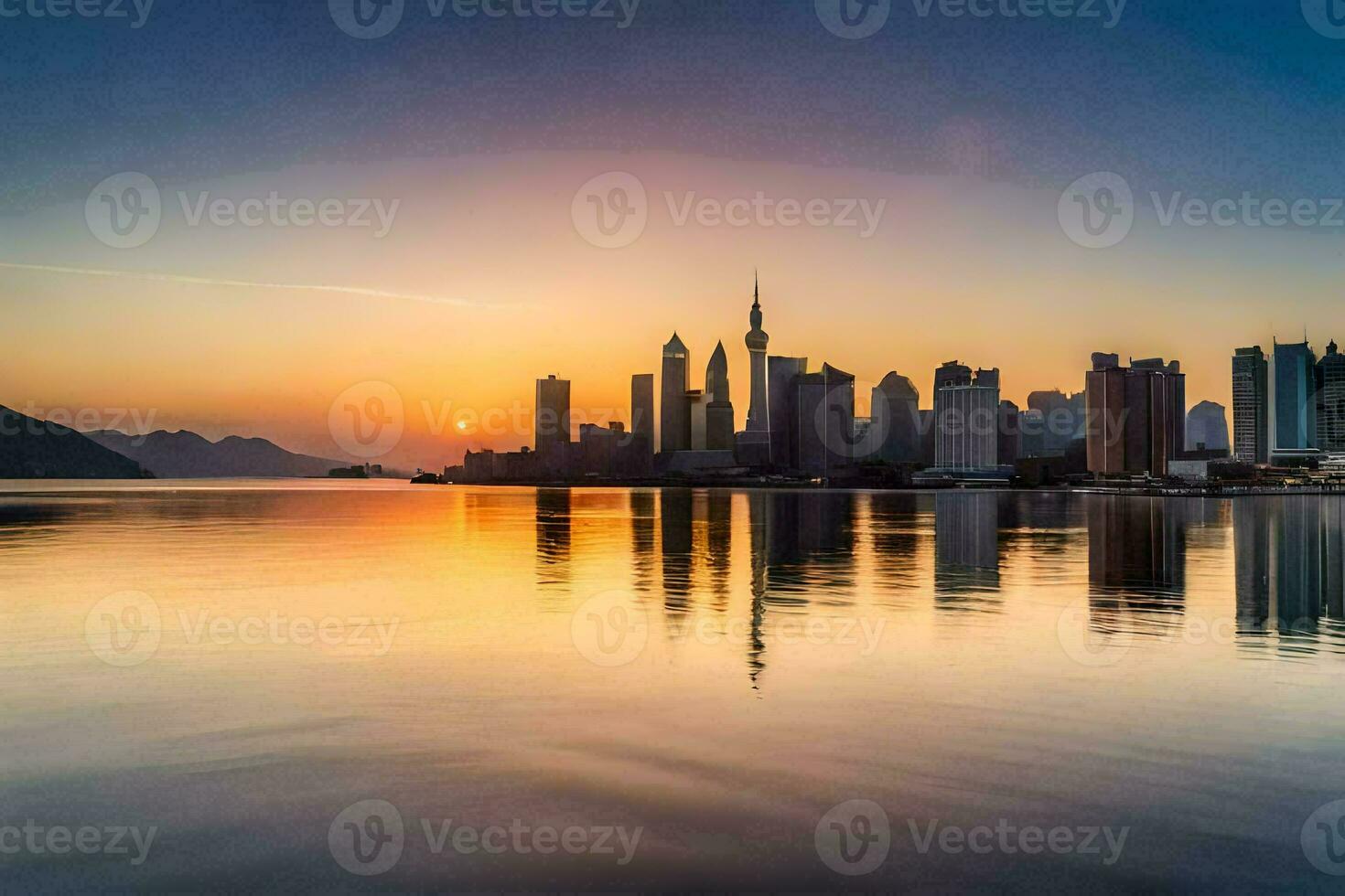 the city skyline is reflected in the water at sunset. AI-Generated photo