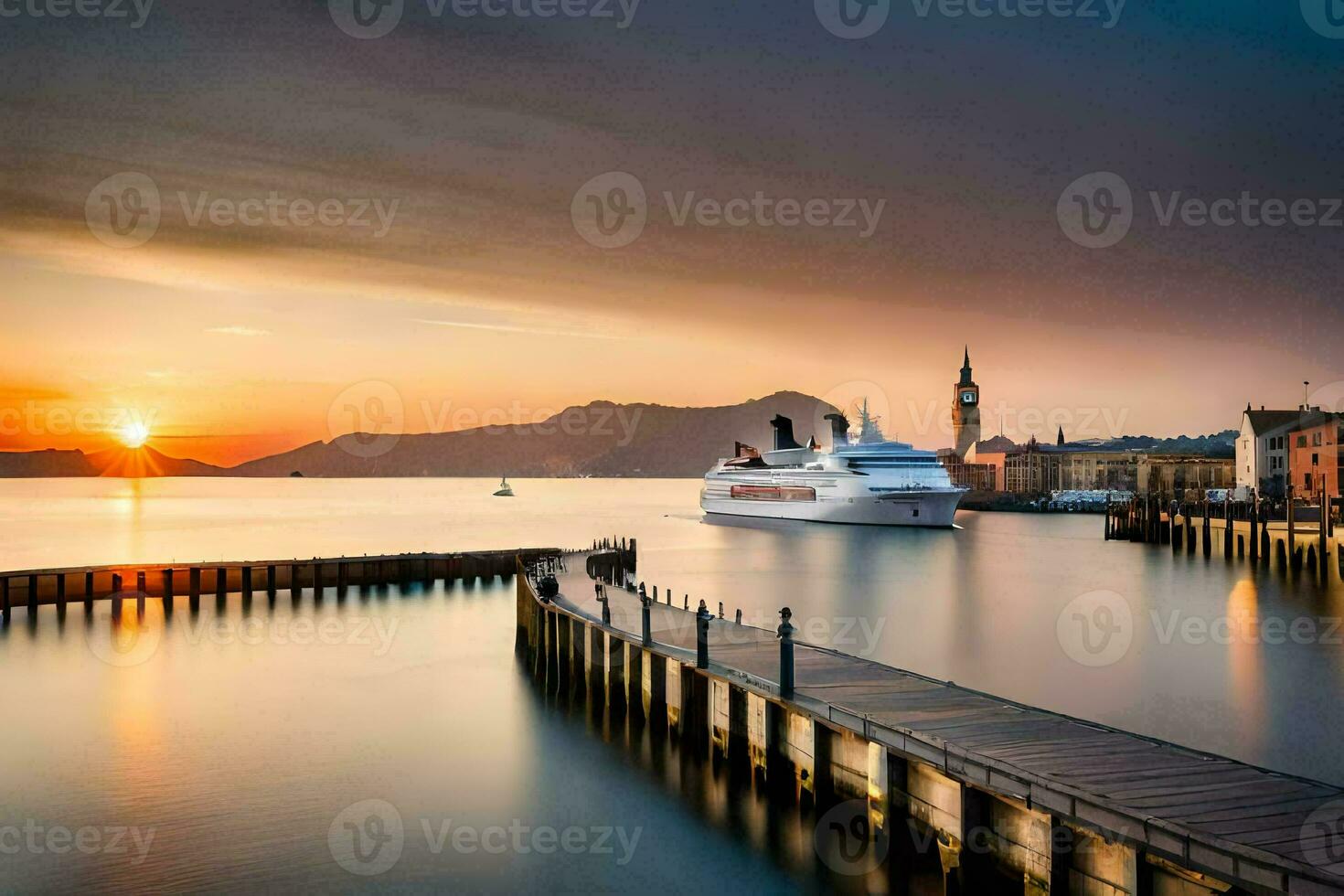 un crucero Embarcacion atracado a un muelle en el agua. generado por ai foto