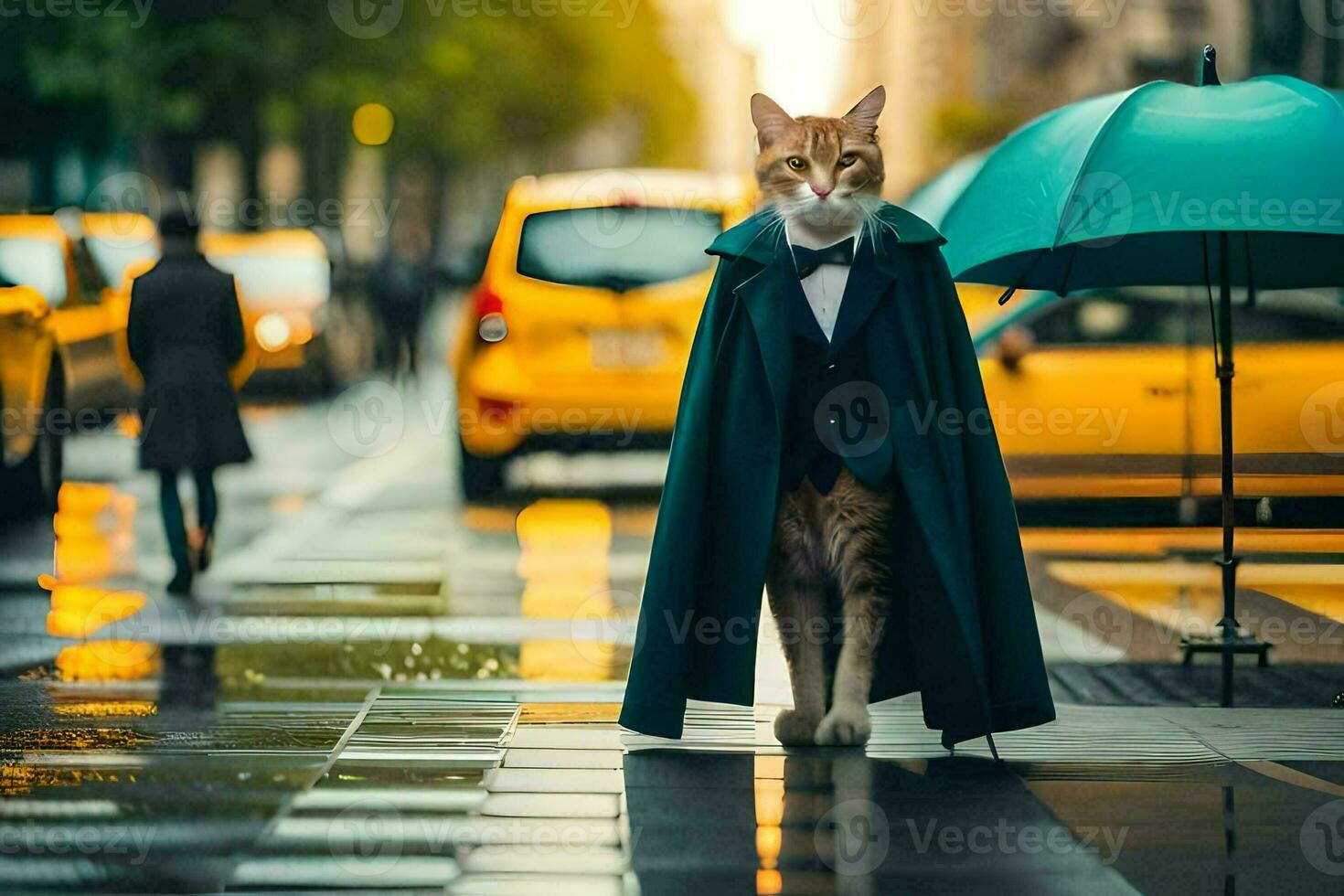 a cat in a tuxedo standing on a city street. AI-Generated photo