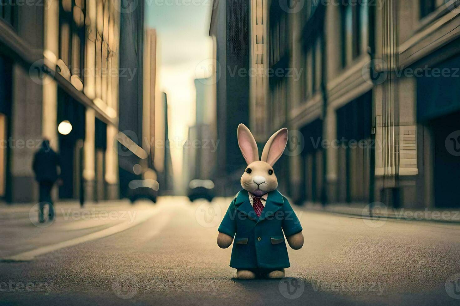 a rabbit wearing a suit and tie standing in the middle of a city street. AI-Generated photo