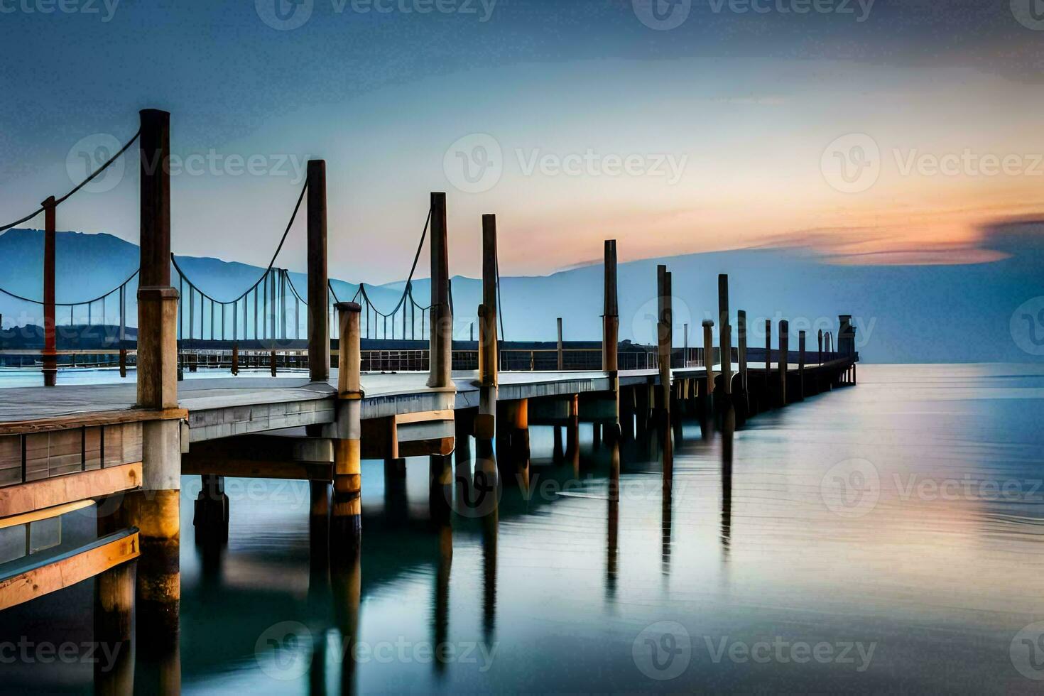 a pier with wooden posts and a mountain in the background. AI-Generated photo