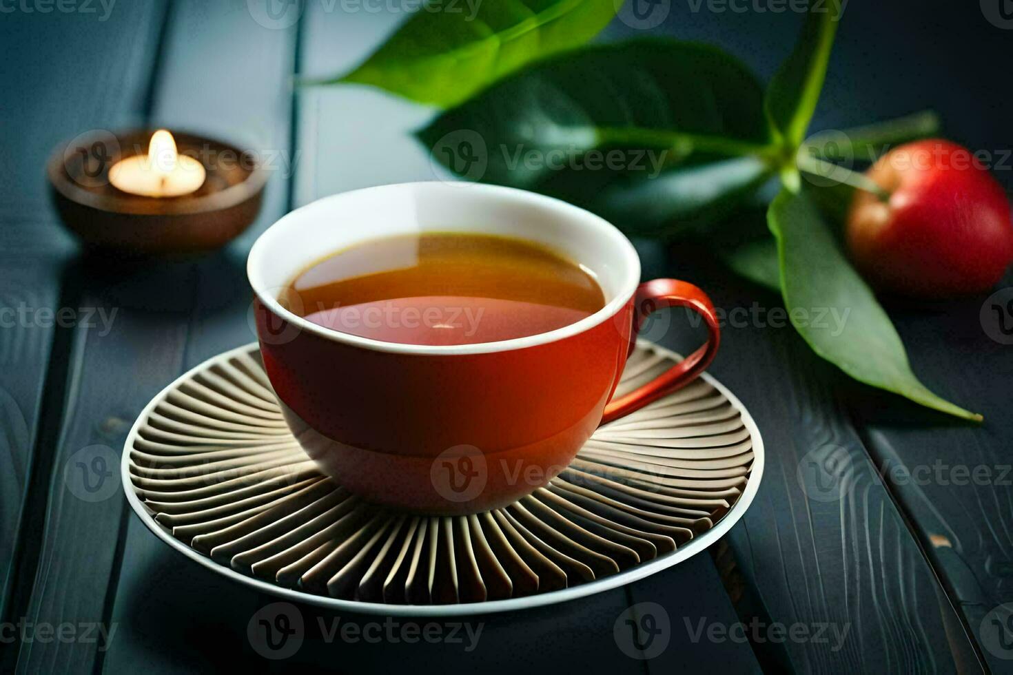 a cup of tea with a candle on a wooden table. AI-Generated photo