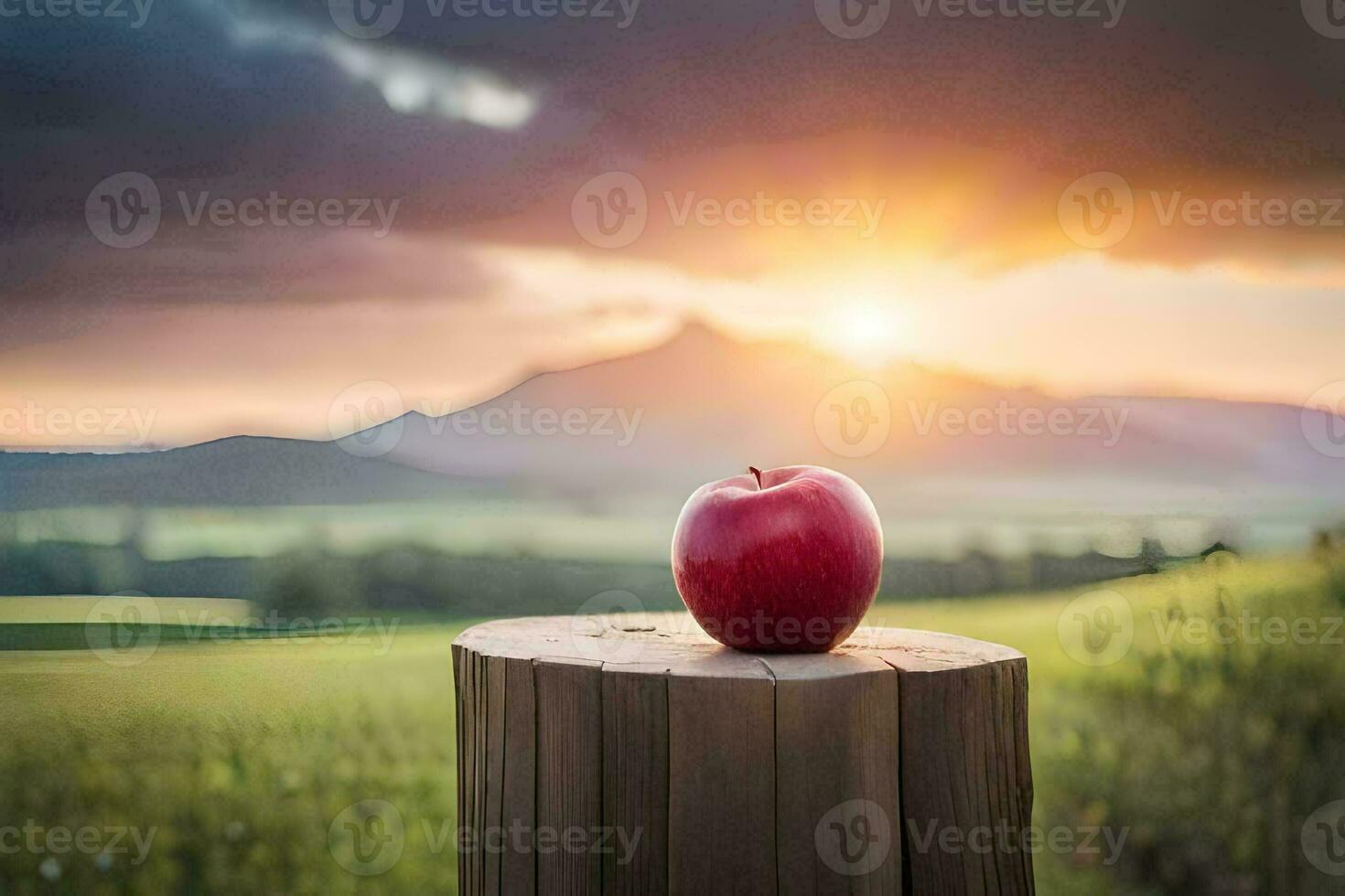 a red apple on a wooden post in a field. AI-Generated photo