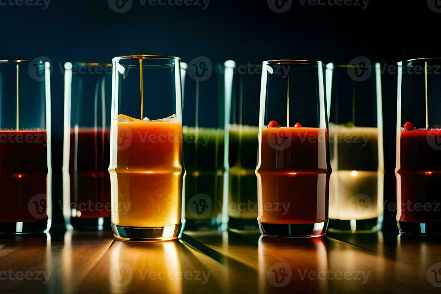 a row of glasses with different colored juices. AI-Generated photo