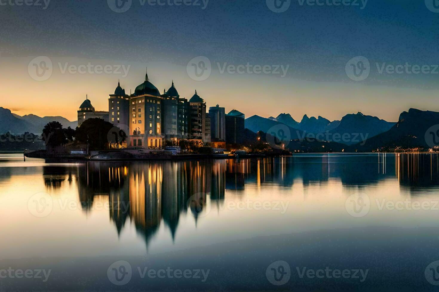 un castillo se sienta en el apuntalar de un lago a oscuridad. generado por ai foto