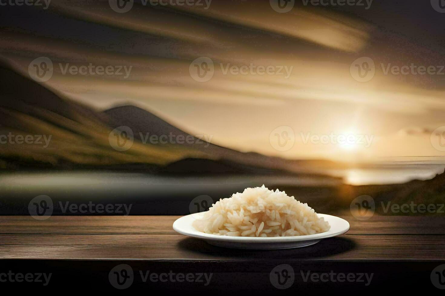 a plate of rice on a wooden table in front of a sunset. AI-Generated photo