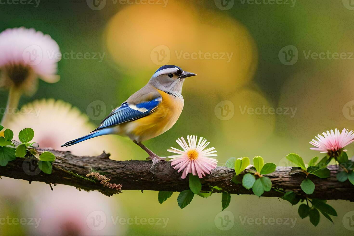 a blue and yellow bird is sitting on a branch. AI-Generated photo
