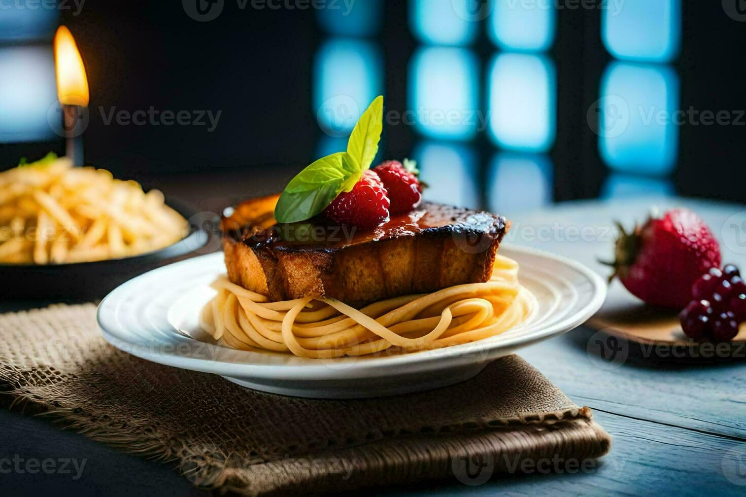 the food is served on a plate with a fork and a knife. AI-Generated photo