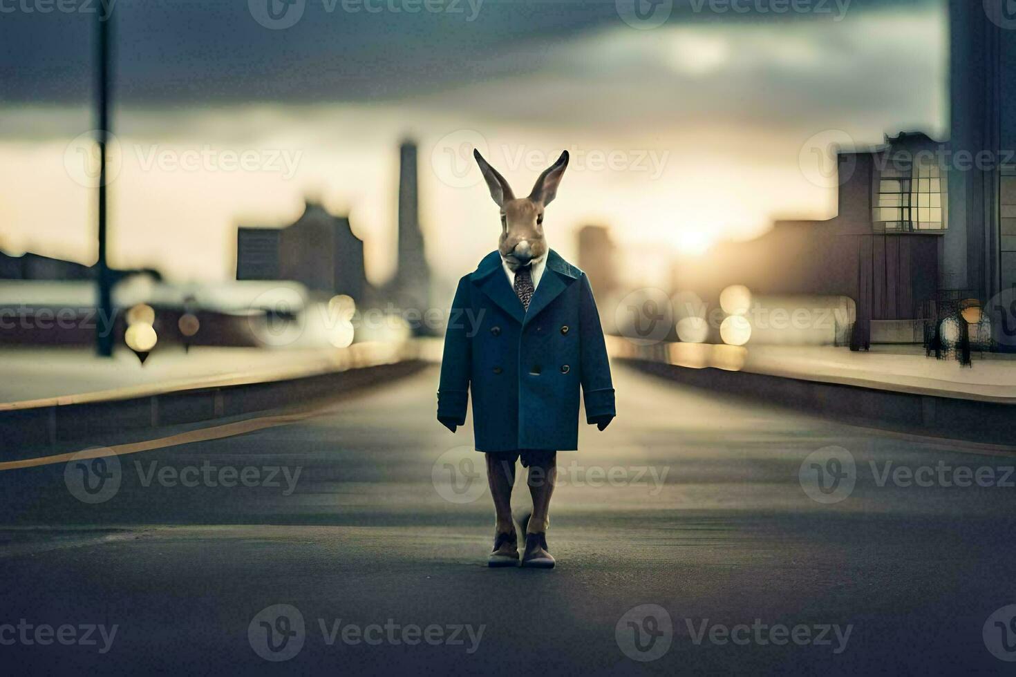 a rabbit in a blue coat standing on the street. AI-Generated photo