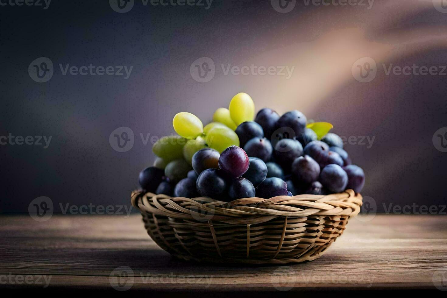uvas en un cesta en un de madera mesa. generado por ai foto