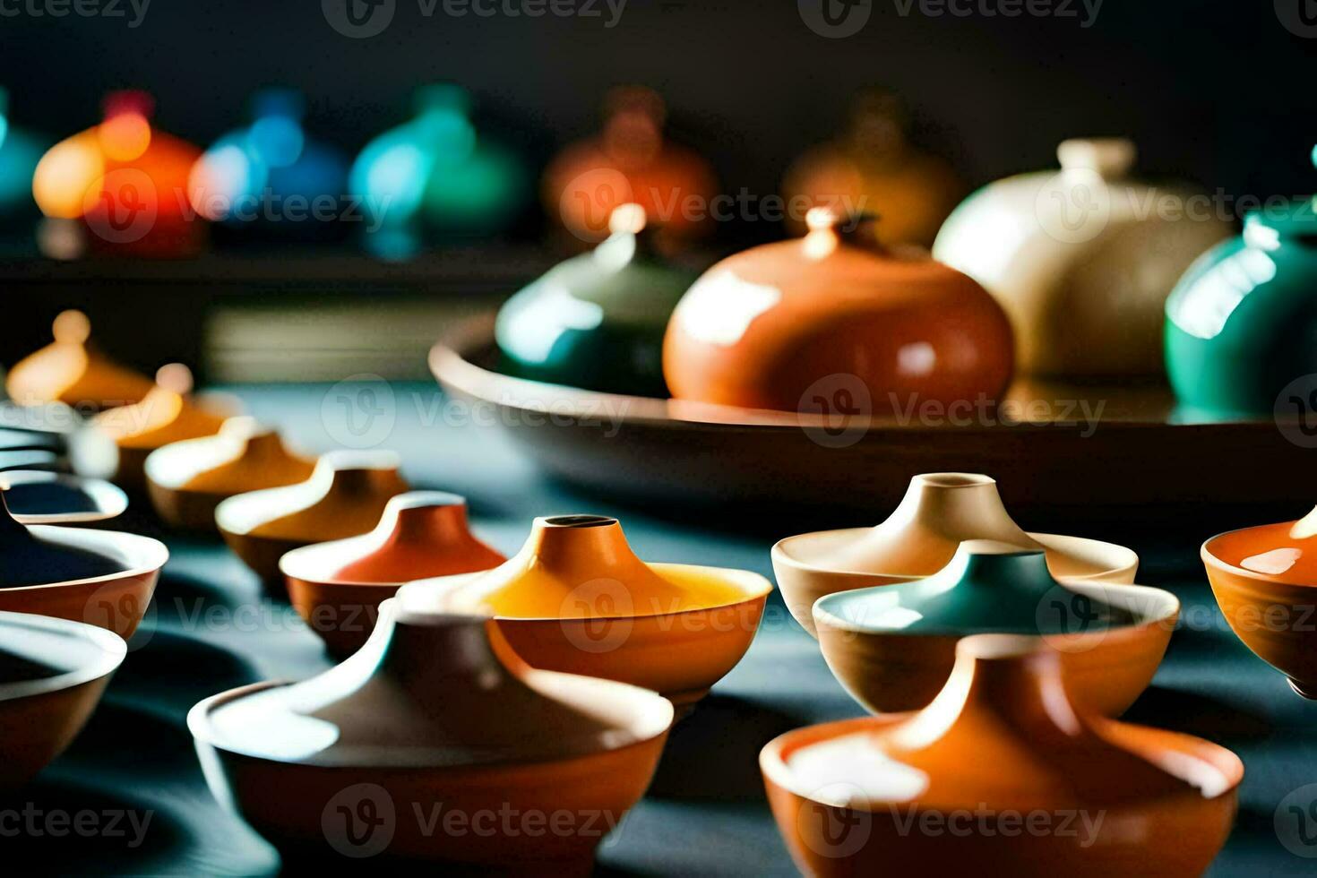 a collection of colorful ceramic bowls and vases. AI-Generated photo