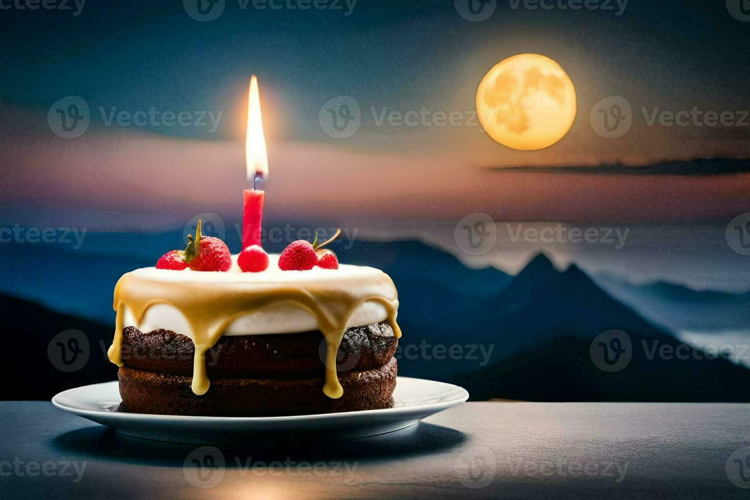 a birthday cake with a candle on top of a plate. AI-Generated photo