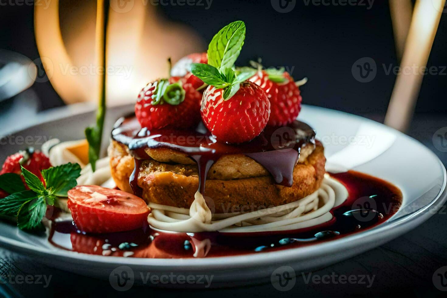 a plate with a strawberry and a cake on it. AI-Generated photo