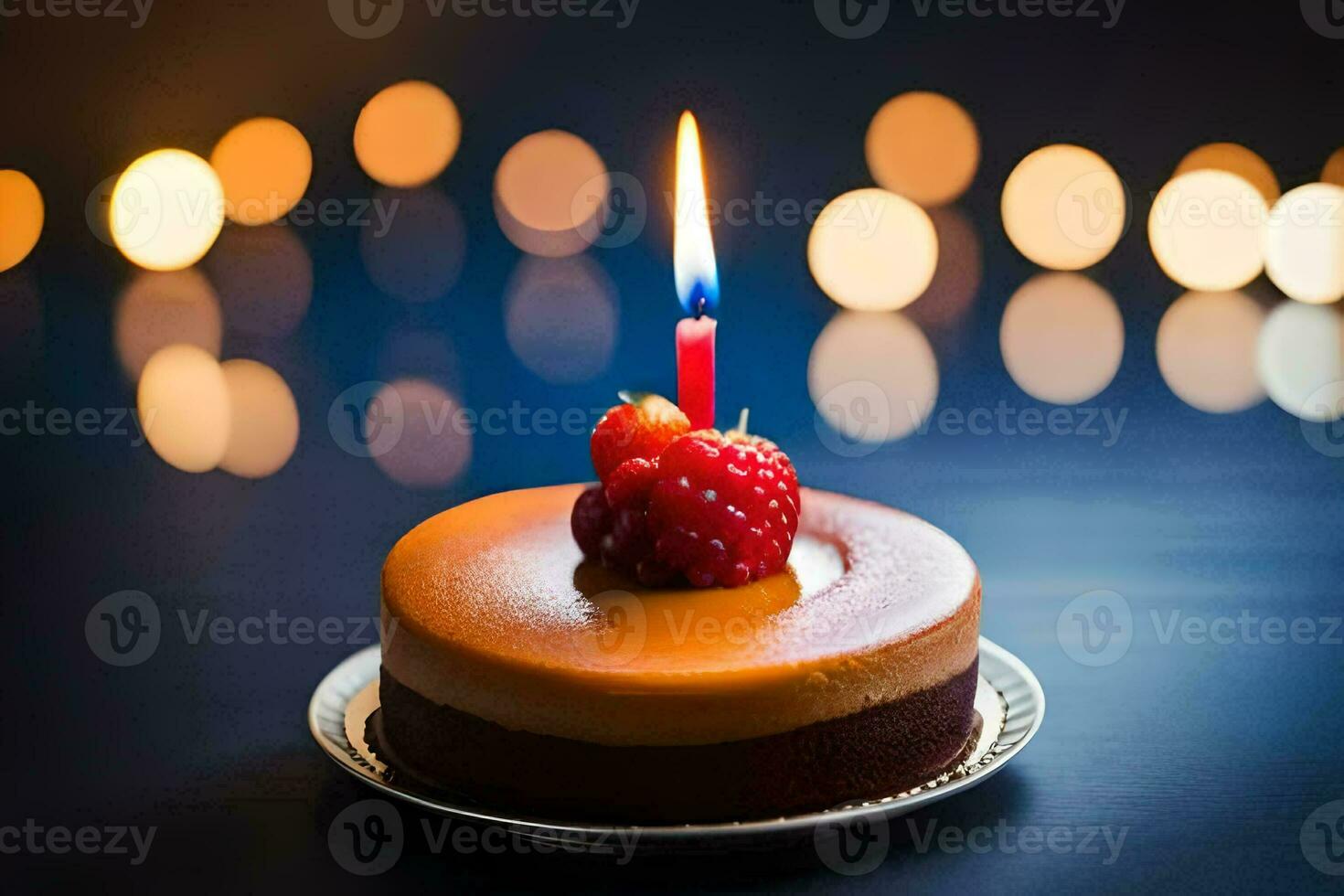 a birthday cake with a single candle on top. AI-Generated photo