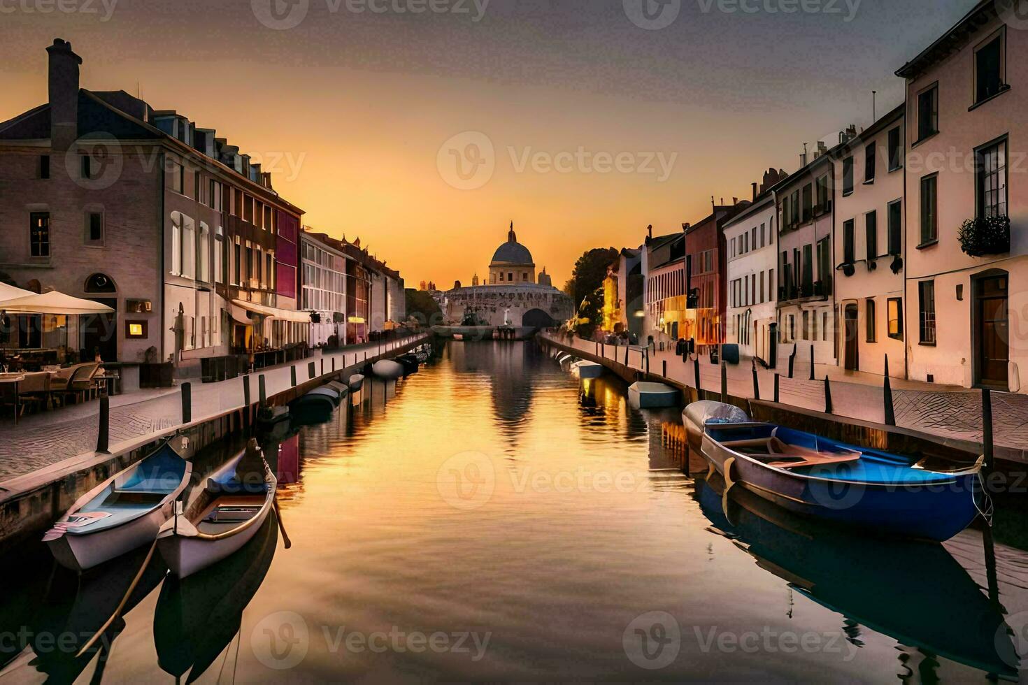 barcos son atracado en un canal a puesta de sol. generado por ai foto