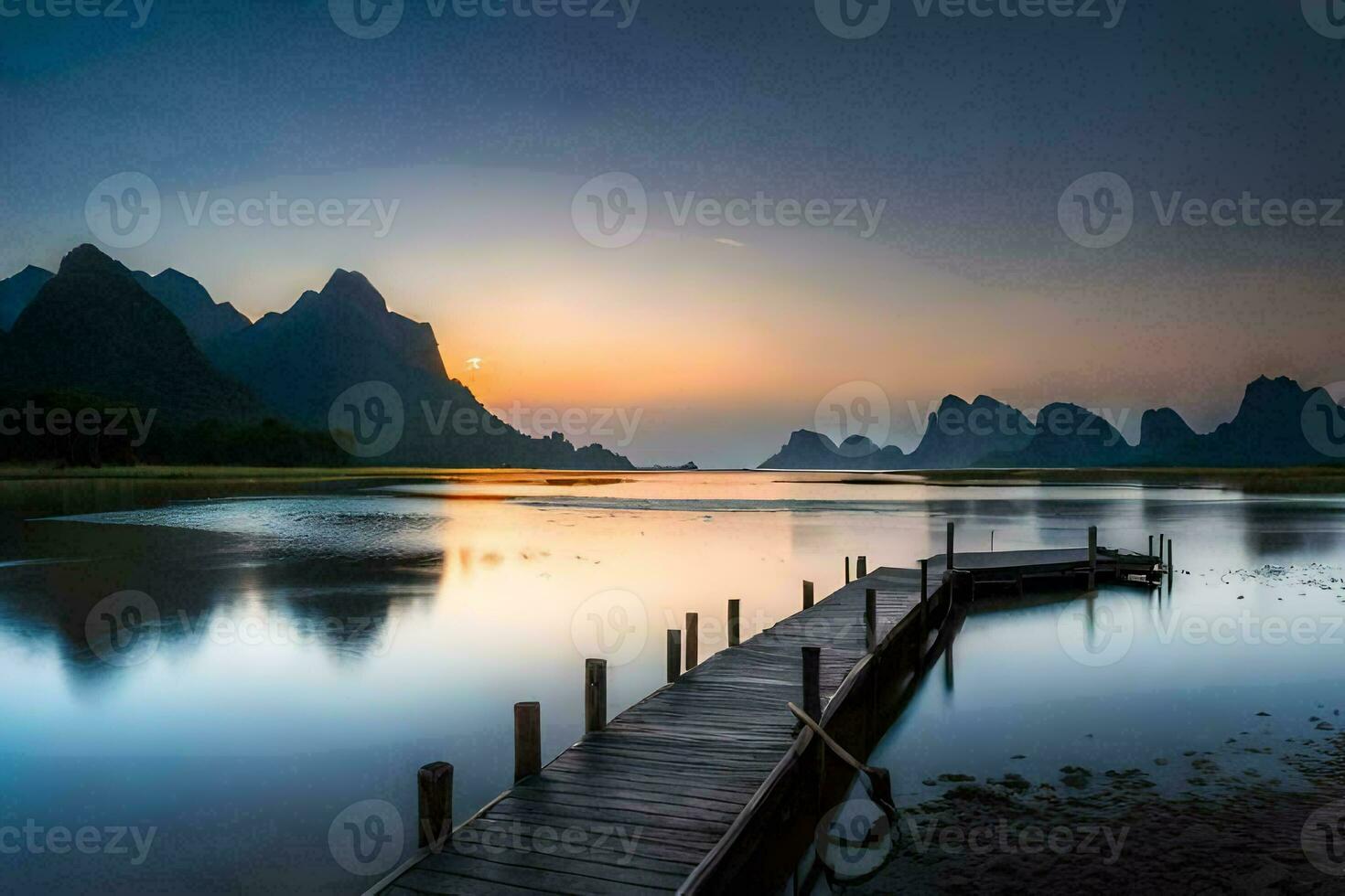 the sun sets over a lake and mountains in china. AI-Generated photo