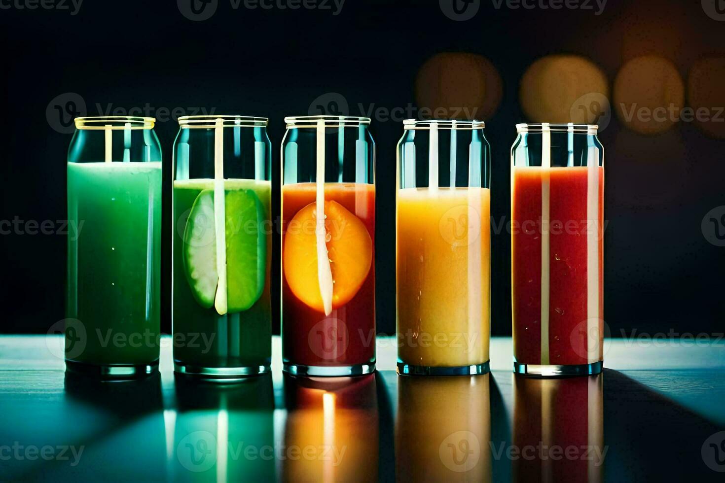 five different colored juices in glass bottles. AI-Generated photo