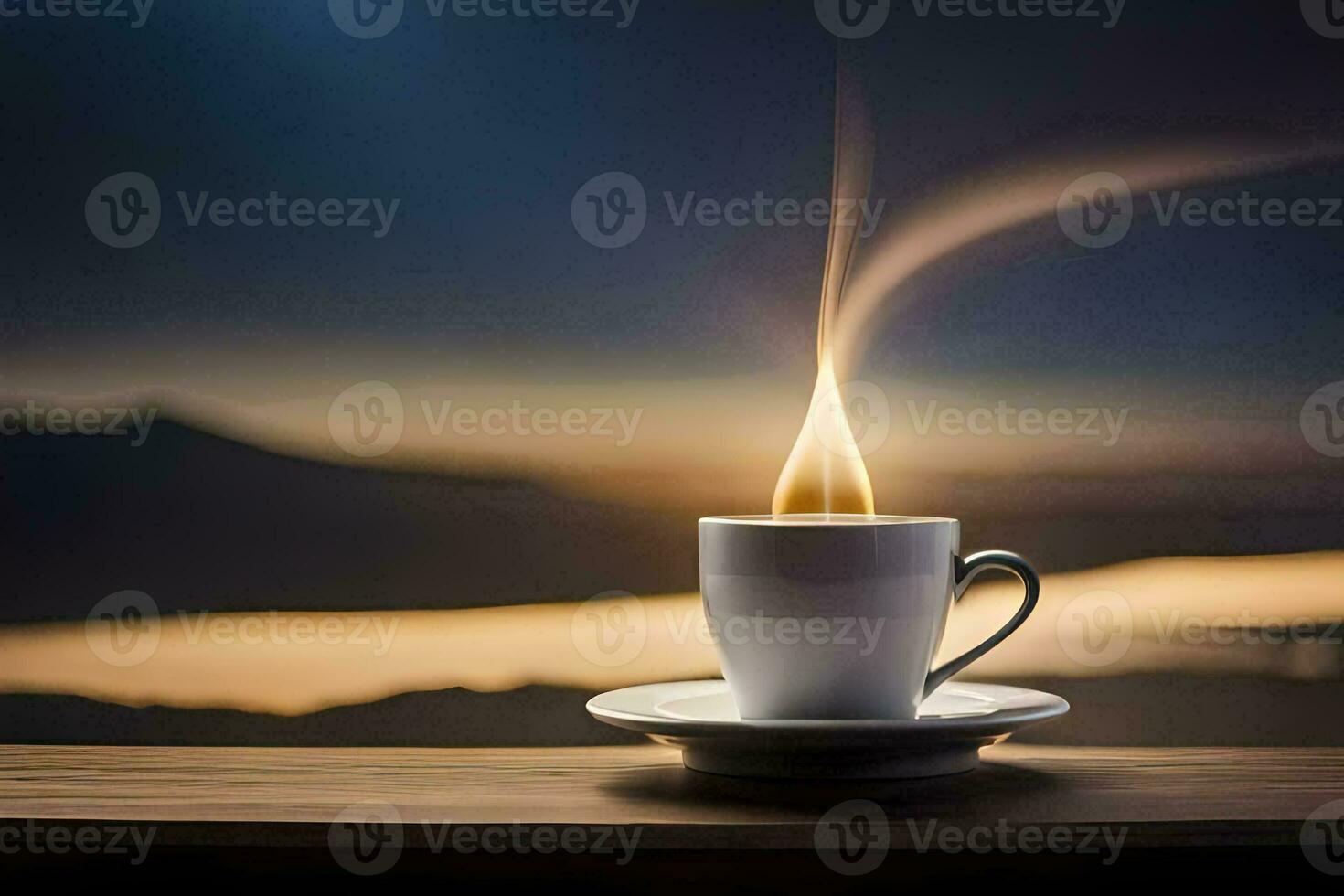 a cup of coffee on a table with a fire coming out of it. AI-Generated photo