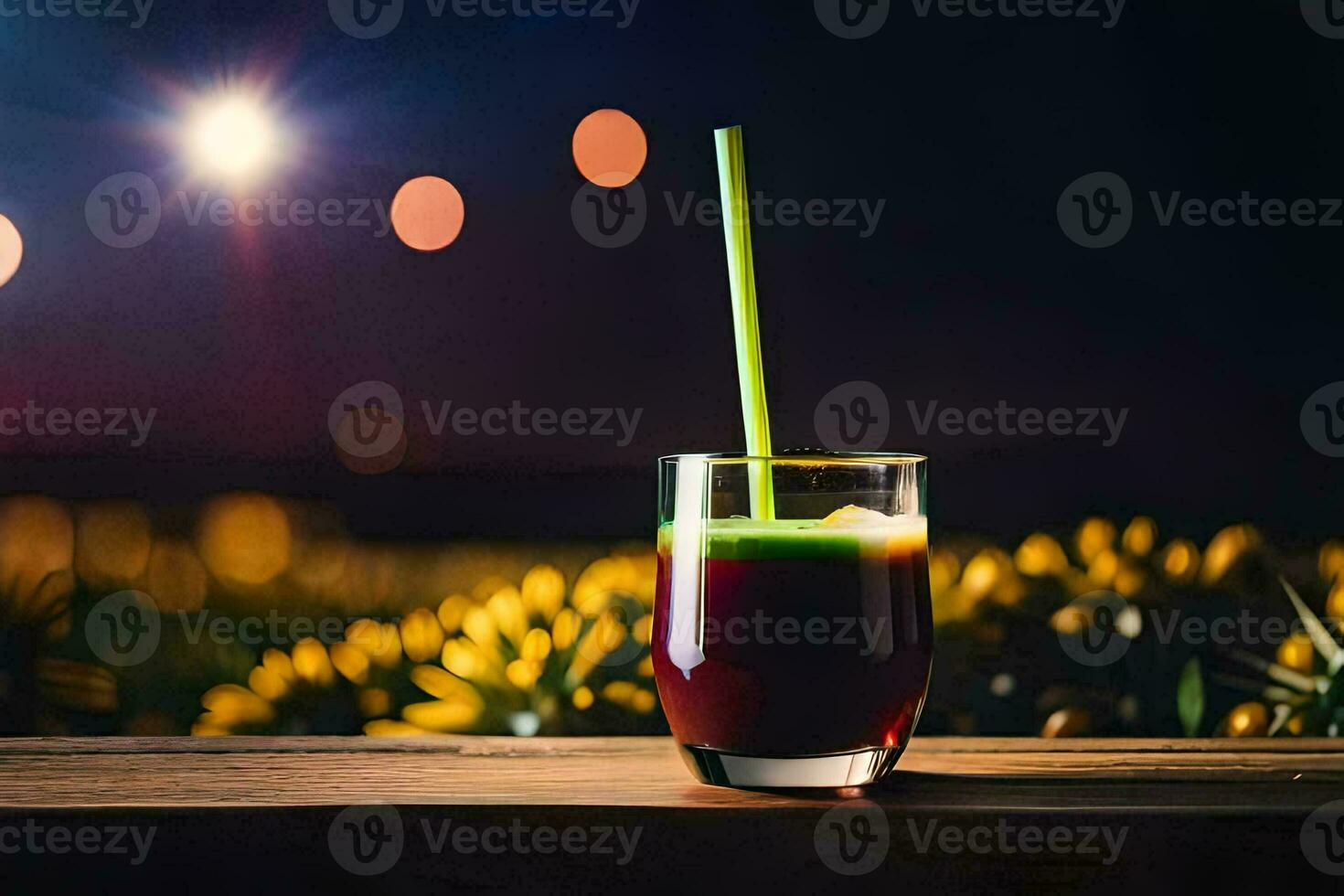 a glass of juice with a straw on a wooden table. AI-Generated photo