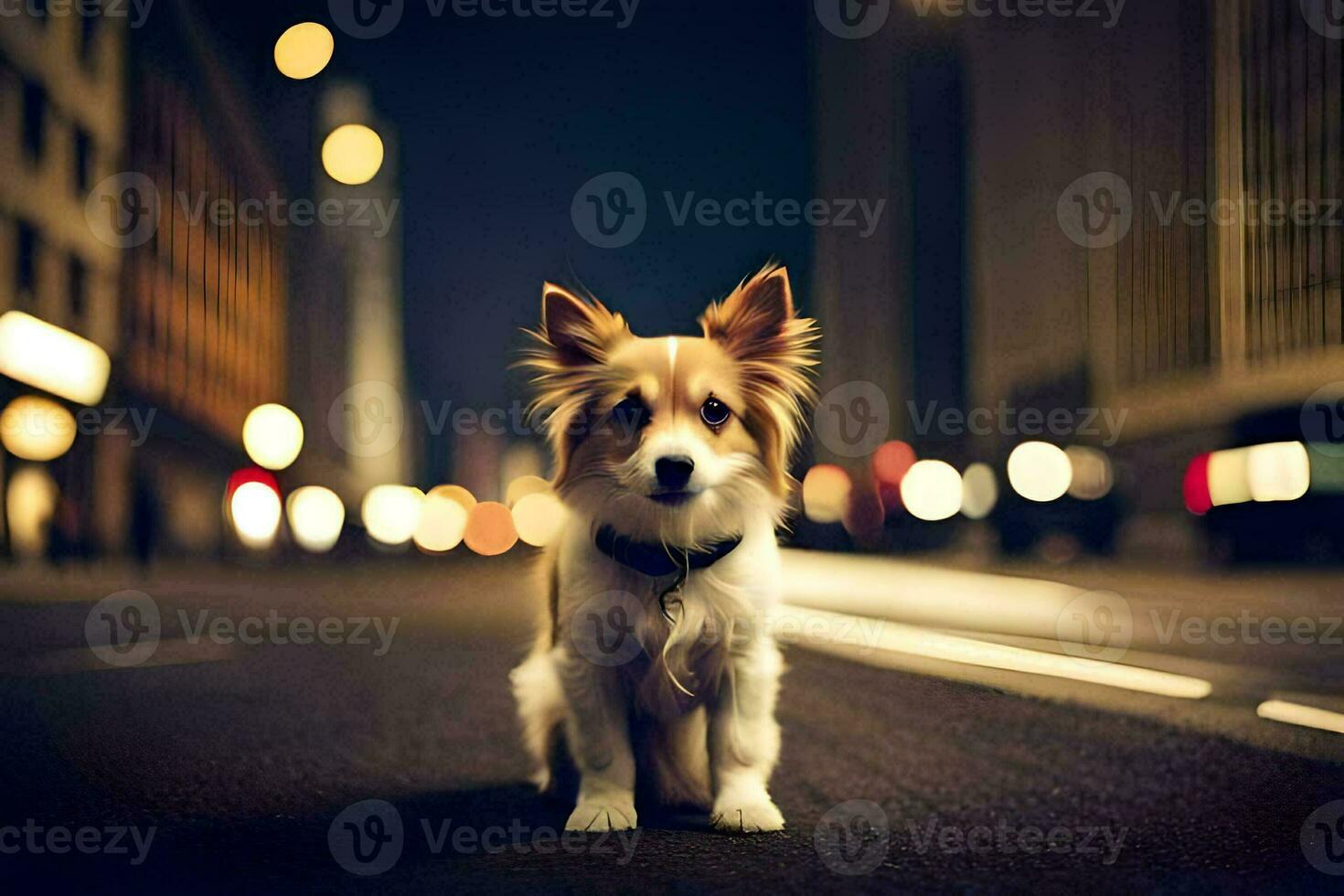 a dog sitting on the street at night. AI-Generated photo