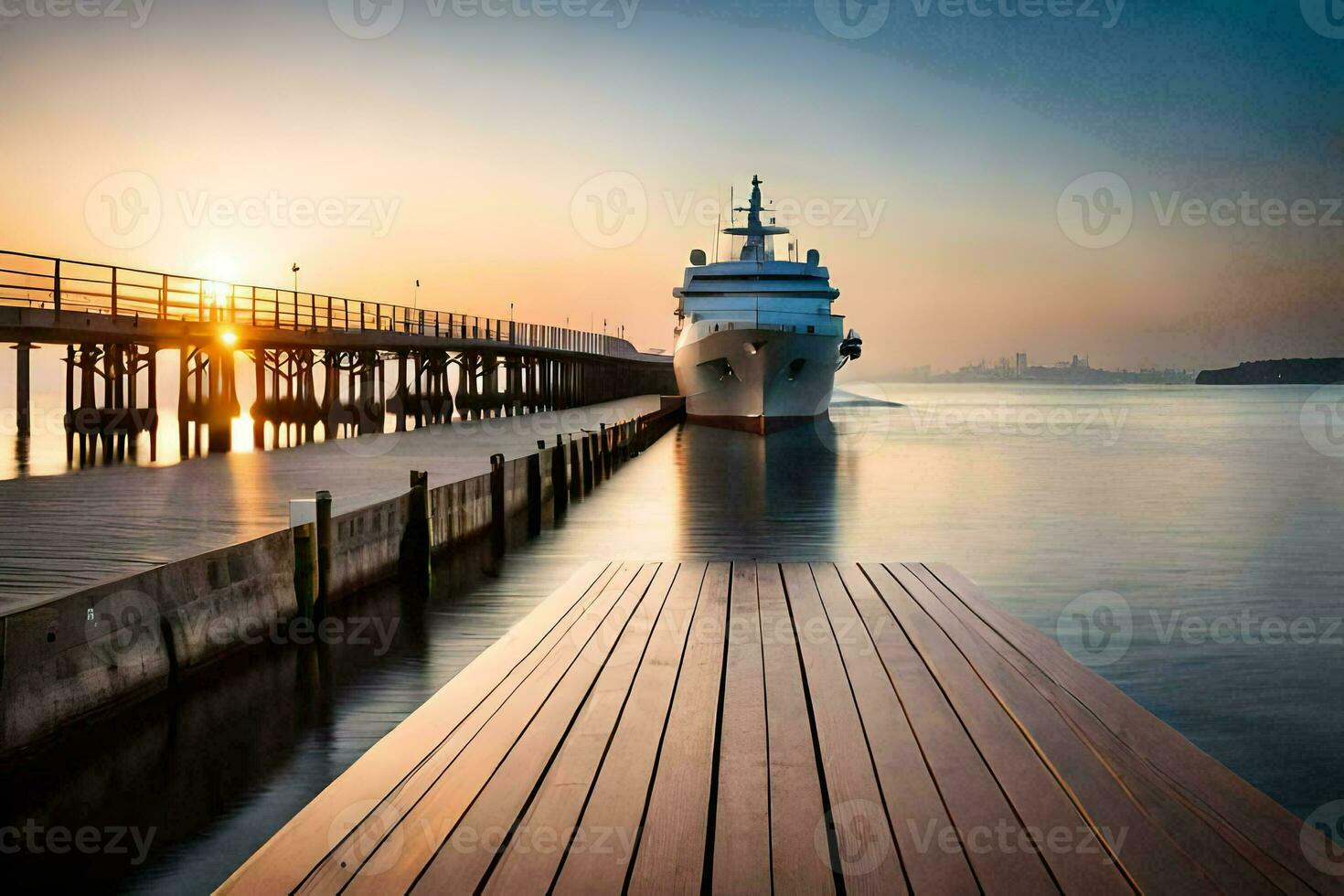a boat docked at the pier at sunset. AI-Generated photo