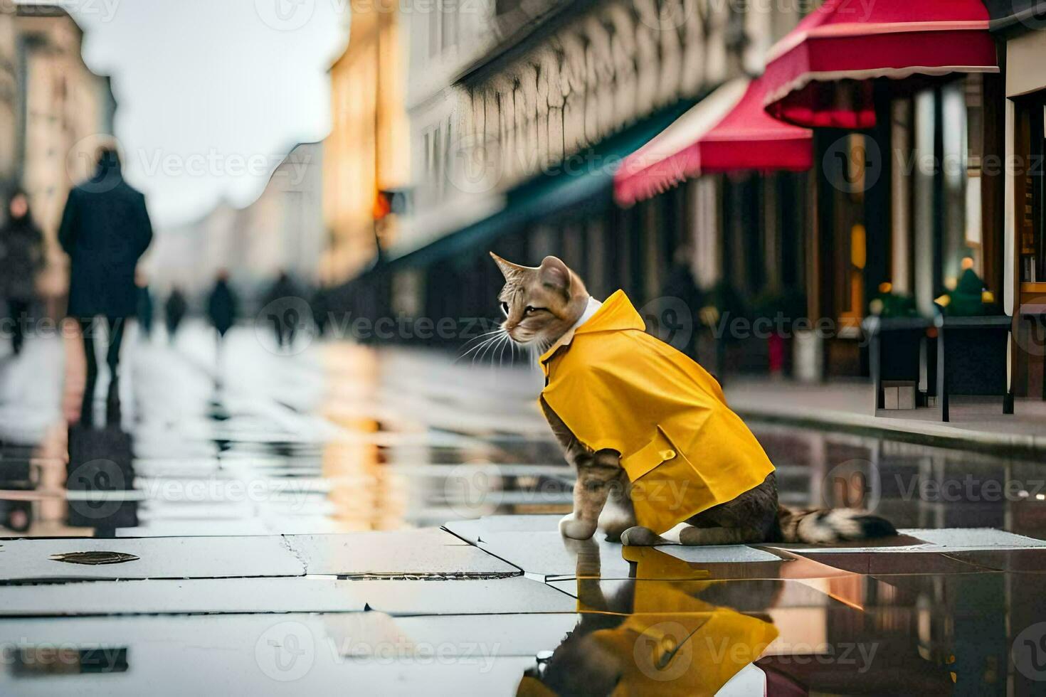 a cat in a yellow raincoat standing on a wet street. AI-Generated photo