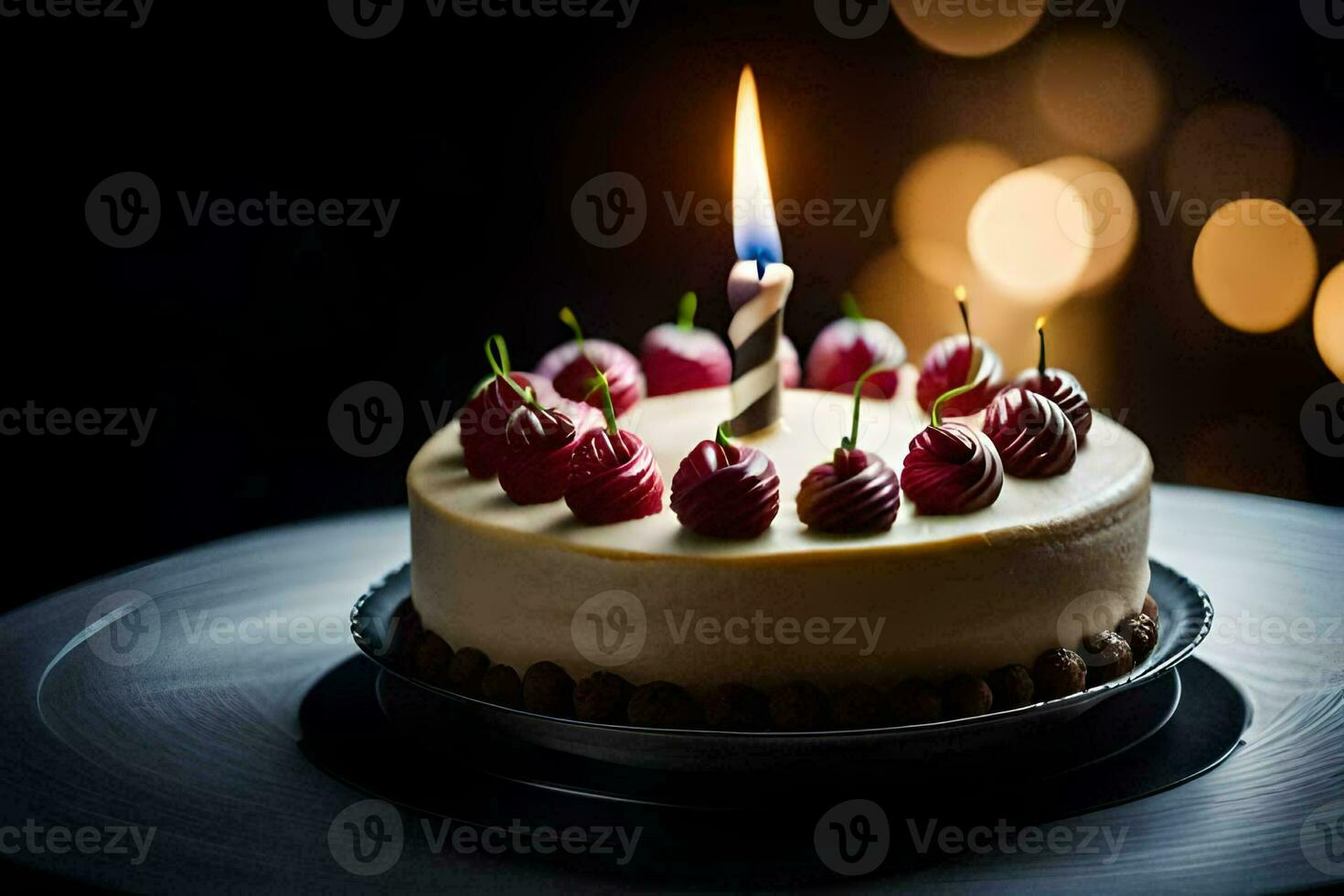 a birthday cake with a single candle on top. AI-Generated photo